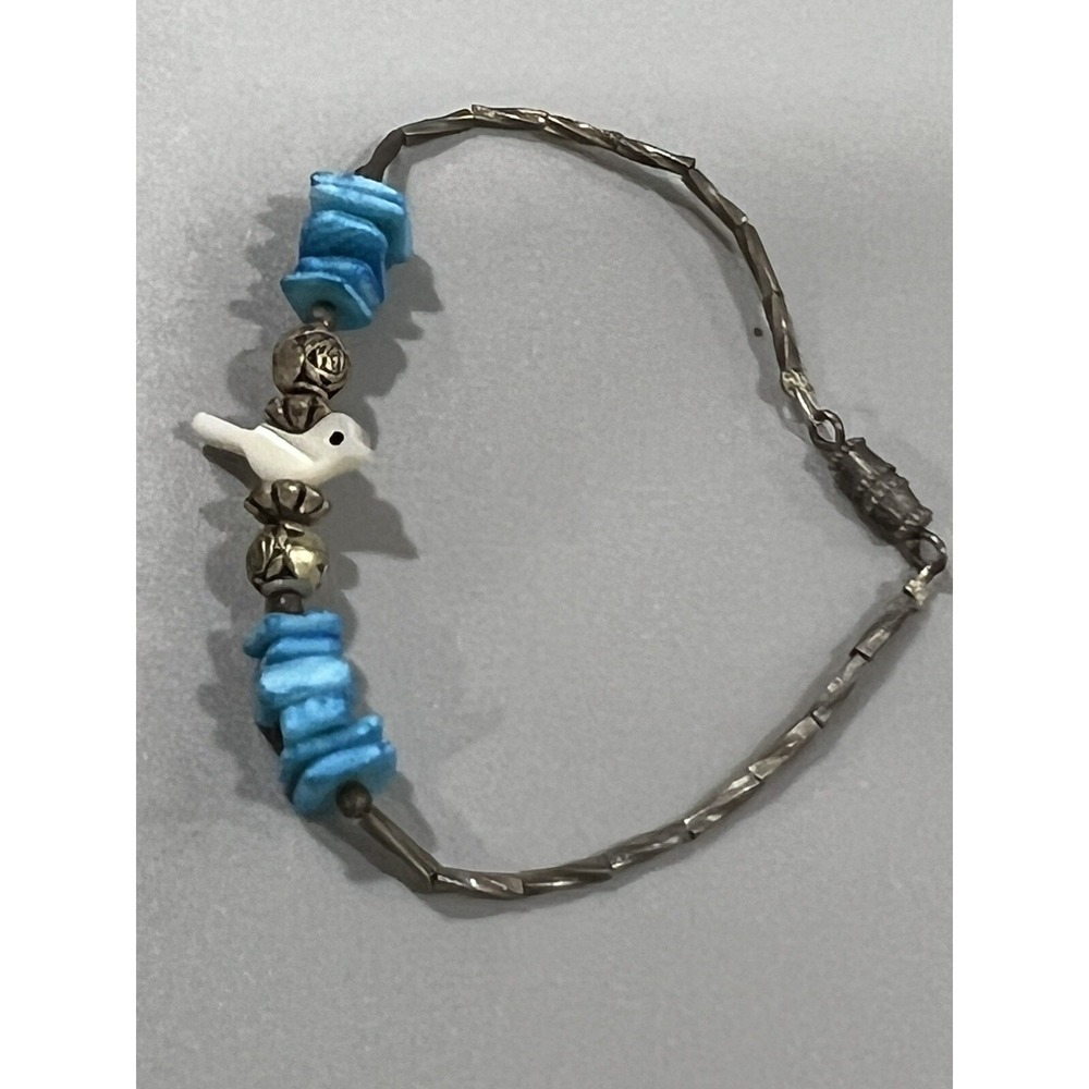 Handcrafted Shell Silver Tone Beaded Bracelet Bird Animal Carvings Fetish 6.5"